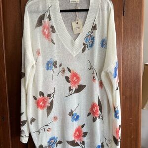 Floral V-Neck Sweater - Cream with Pink and Blue Accents